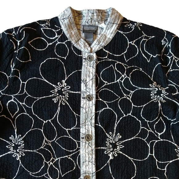 Chico's Additions 100% Cotton Black White Floral Button-Up Lightweight Jacket - Picture 6 of 7